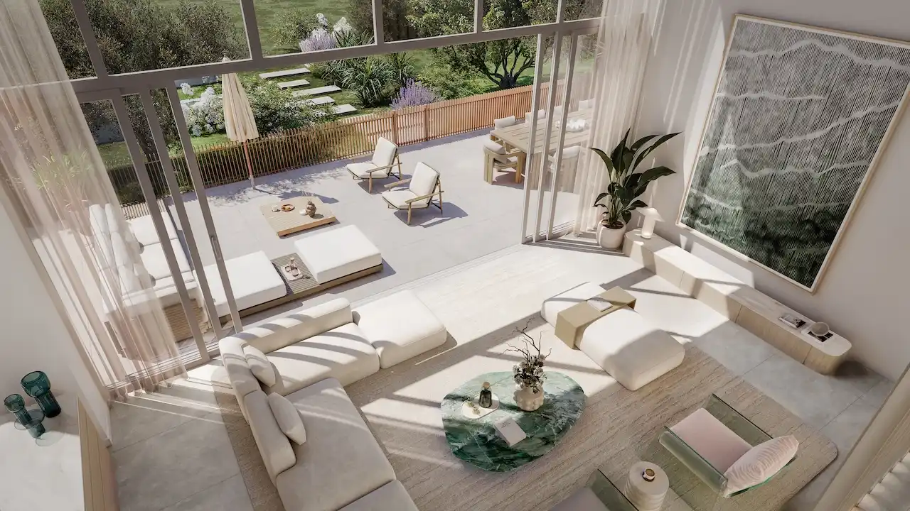 Modern living area opening to private terrace and landscaped waterfront garden at Palm Central Frond M Residences in Palm Jebel Ali Dubai - Presented by Tohid Fetrat