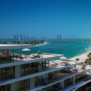 Palm Central Frond M Residences rooftop terraces overlooking waterfront lagoon and skyline at Palm Jebel Ali Dubai - Presented by Tohid Fetrat