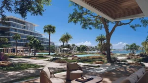 Waterfront landscaped garden and leisure amenities at Palm Central Frond M Residences in Palm Jebel Ali Dubai with resort style outdoor seating - Presented by Tohid Fetrat
