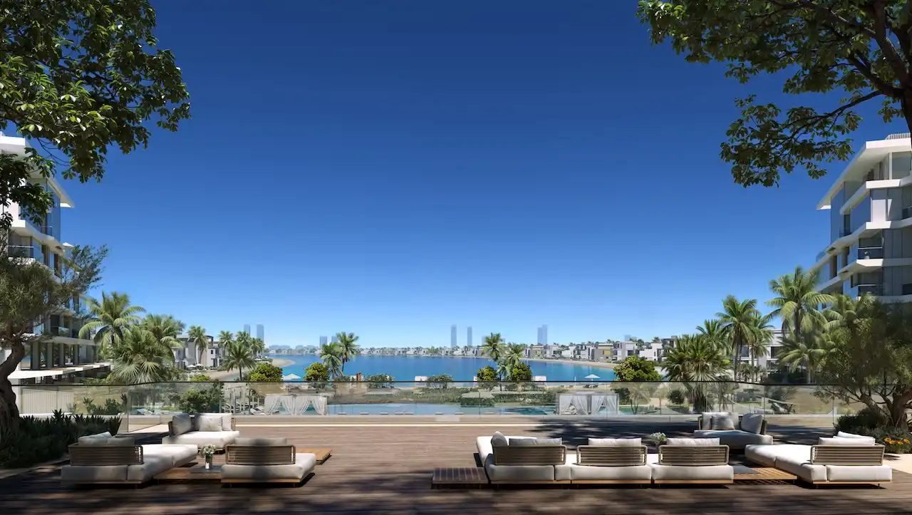 Waterfront community terrace and lagoon view at Palm Central Frond M Residences in Palm Jebel Ali Dubai - Presented by Tohid Fetrat