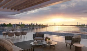 Waterfront terrace at Palm Central Frond M Residences overlooking sunset lagoon views in Palm Jebel Ali Dubai - Presented by Tohid Fetrat