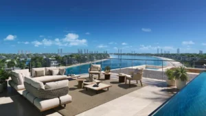 Palm Central Frond M Residences rooftop terrace lounge overlooking waterfront lagoon at Palm Jebel Ali Dubai - Presented by Tohid Fetrat