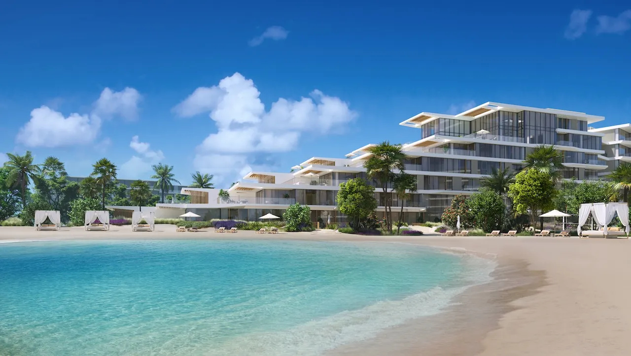 Palm Central at Palm Jebel Ali beachfront residences along sandy shoreline with lagoon water and landscaped surroundings Dubai Presented by Tohid Fetrat