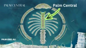 Palm Central at Palm Jebel Ali masterplan location map highlighting central district within island layout Dubai Presented by Tohid Fetrat