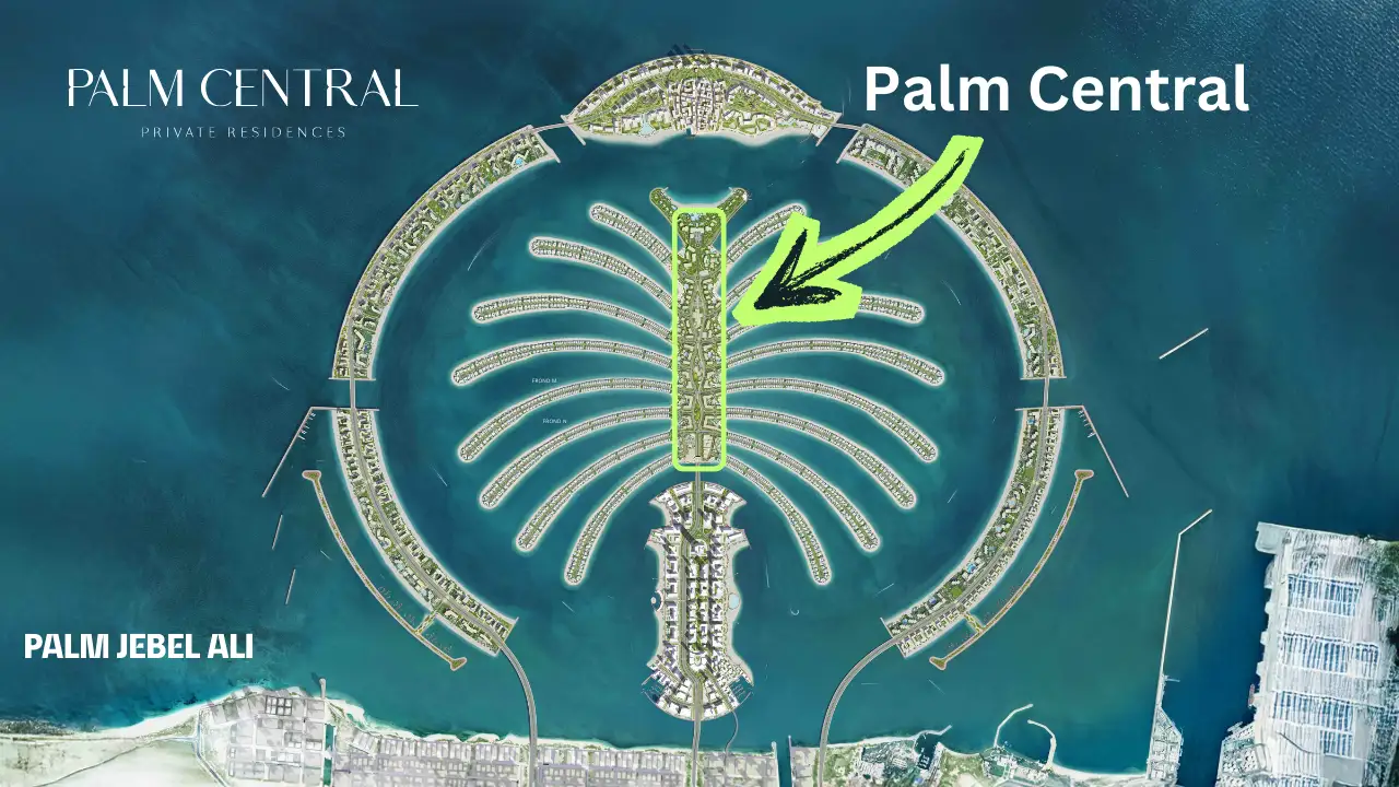 Palm Central at Palm Jebel Ali masterplan location map highlighting central district within island layout Dubai Presented by Tohid Fetrat