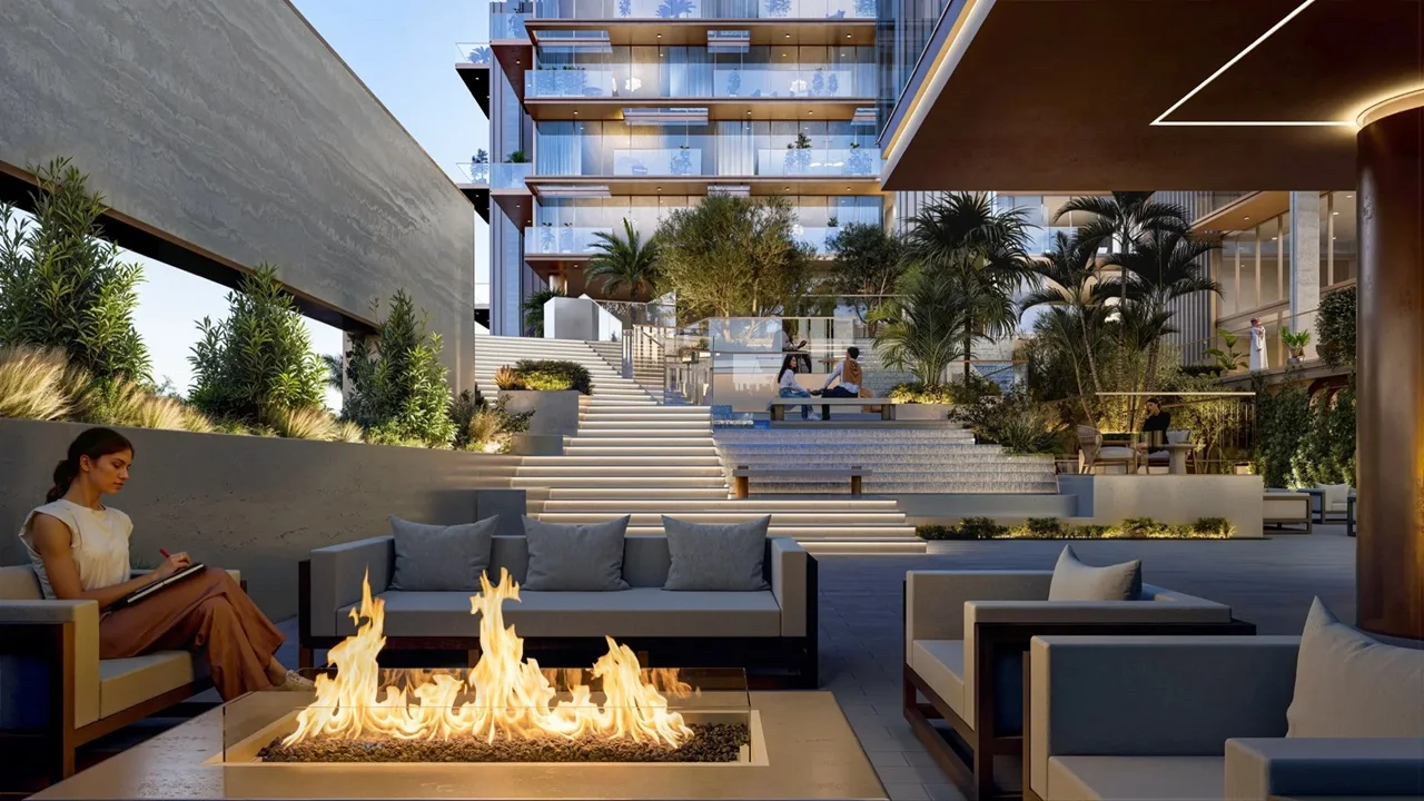 Sea Cliff Residence outdoor lounge firepit Dubai Islands Dubai Presented by Tohid Fetrat