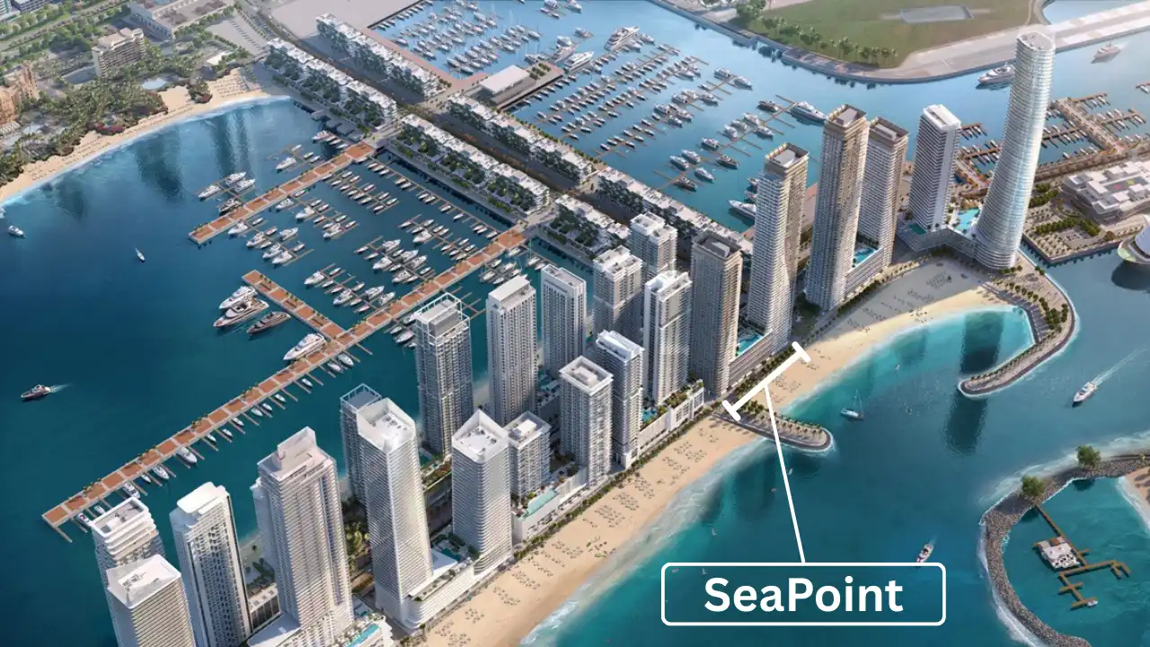 SeaPoint at Emaar Beachfront aerial masterplan view showing waterfront towers marina and beachfront community location in Dubai Presented by Tohid Fetrat