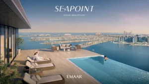 SeaPoint at Emaar Beachfront infinity pool terrace with panoramic waterfront views and luxury coastal community setting in Dubai Presented by Tohid Fetrat