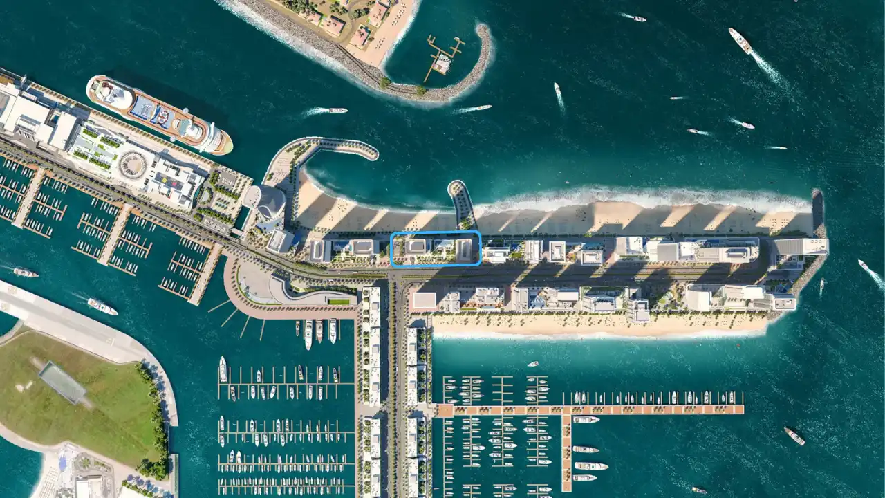 SeaPoint at Emaar Beachfront top view masterplan highlighting beachfront towers marina layout and waterfront community location in Dubai Presented by Tohid Fetrat