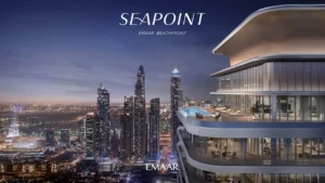 SeaPoint at Emaar Beachfront elevated infinity pool terrace overlooking Dubai skyline within a luxury waterfront community setting Presented by Tohid Fetrat