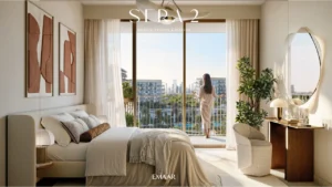 Sera 2 at Rashid Yachts Marina bedroom interior with balcony view and modern design waterfront community context Dubai Presented by Tohid Fetrat
