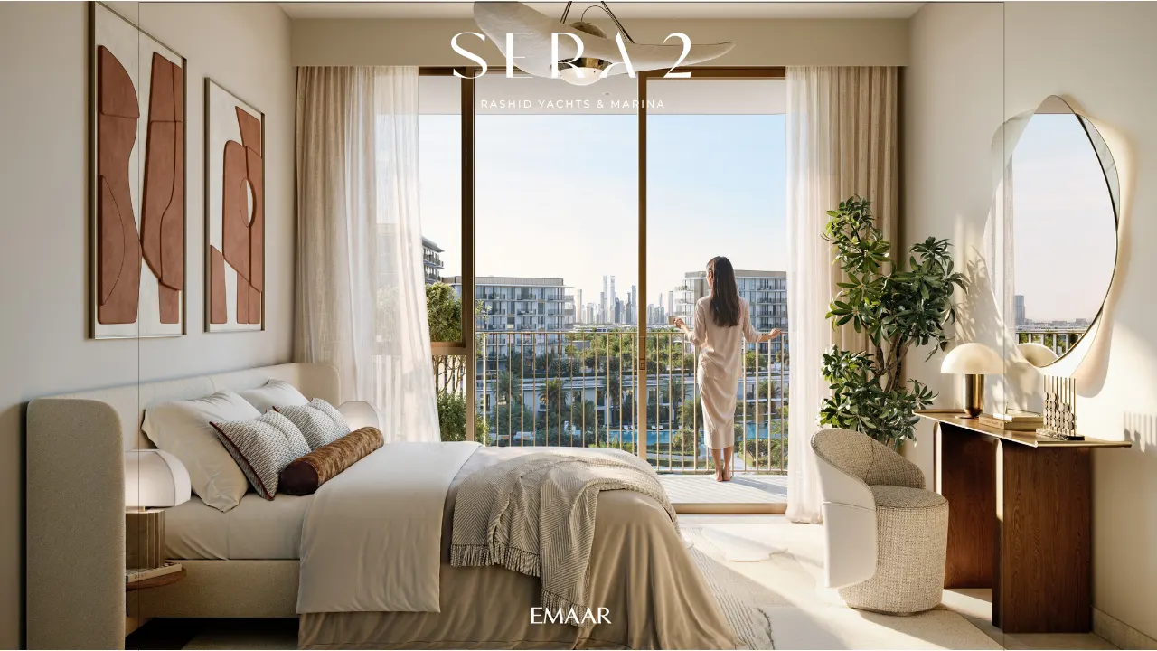 Sera 2 at Rashid Yachts Marina bedroom interior with balcony view and modern design waterfront community context Dubai Presented by Tohid Fetrat