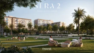 Sera 2 at Rashid Yachts Marina landscaped community park lawn with residential buildings waterfront community context Dubai Presented by Tohid Fetrat