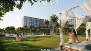 Sera 2 at Rashid Yachts Marina landscaped garden lawn and relaxation cabanas waterfront community context Dubai Presented by Tohid Fetrat