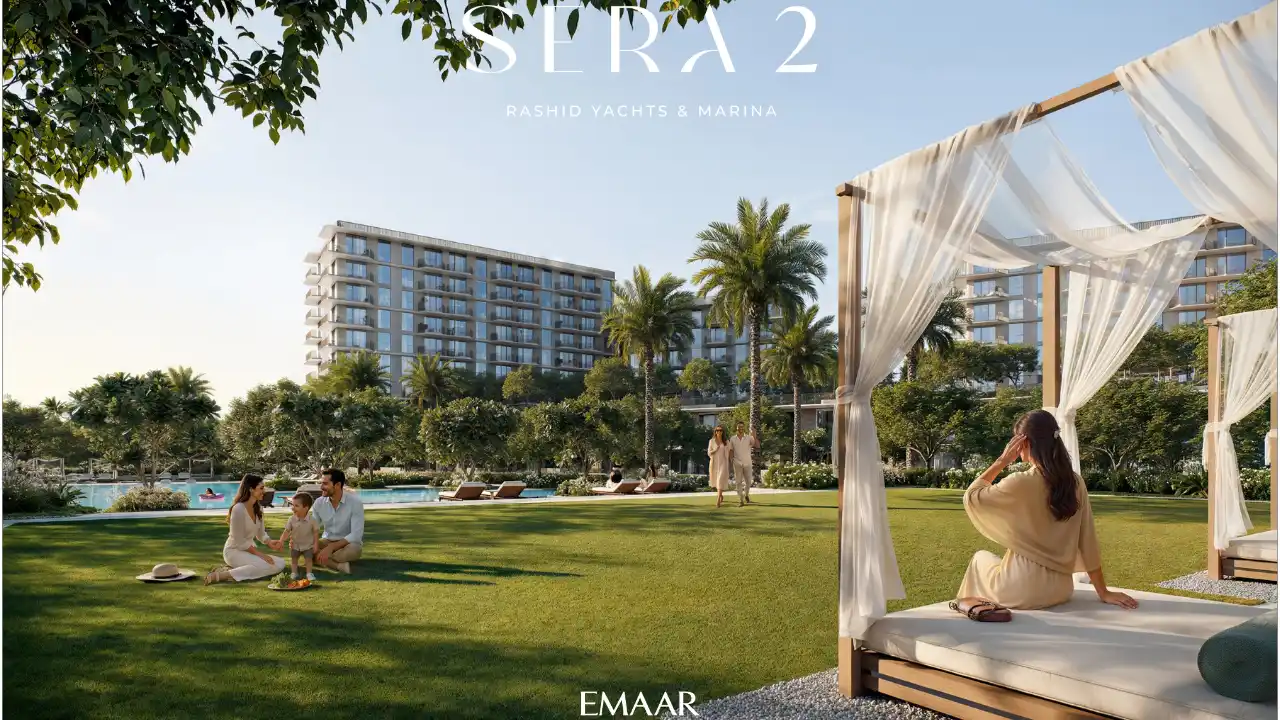 Sera 2 at Rashid Yachts Marina landscaped garden lawn and relaxation cabanas waterfront community context Dubai Presented by Tohid Fetrat