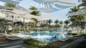 Sera 2 at Rashid Yachts Marina lagoon style swimming pool with shaded lounge decks and palm landscape waterfront community context Dubai Presented by Tohid Fetrat