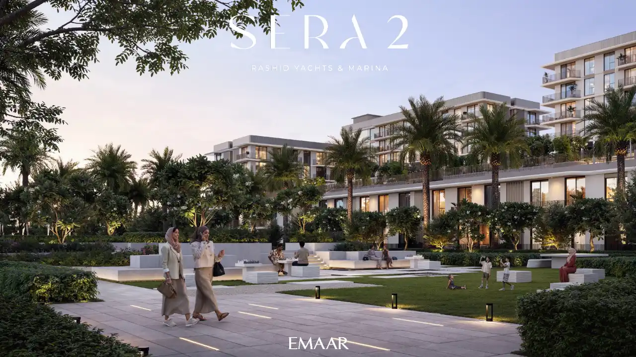 Sera 2 at Rashid Yachts Marina landscaped courtyard walkway with residential buildings waterfront community context Dubai Presented by Tohid Fetrat