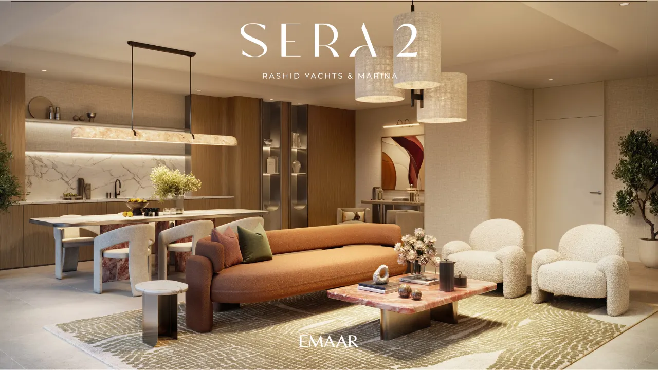 Sera 2 at Rashid Yachts Marina living and dining interior with modern furnishings and open layout waterfront community context Dubai Presented by Tohid Fetrat