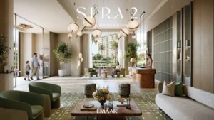 Sera 2 at Rashid Yachts Marina lobby interior with reception desk and modern seating waterfront community context Dubai Presented by Tohid Fetrat
