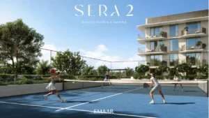 Sera 2 at Rashid Yachts Marina padel tennis court outdoor sports amenity waterfront community context Dubai Presented by Tohid Fetrat