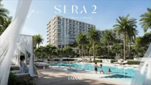 Sera 2 at Rashid Yachts Marina poolside cabanas and landscaped leisure deck waterfront community context Dubai Presented by Tohid Fetrat