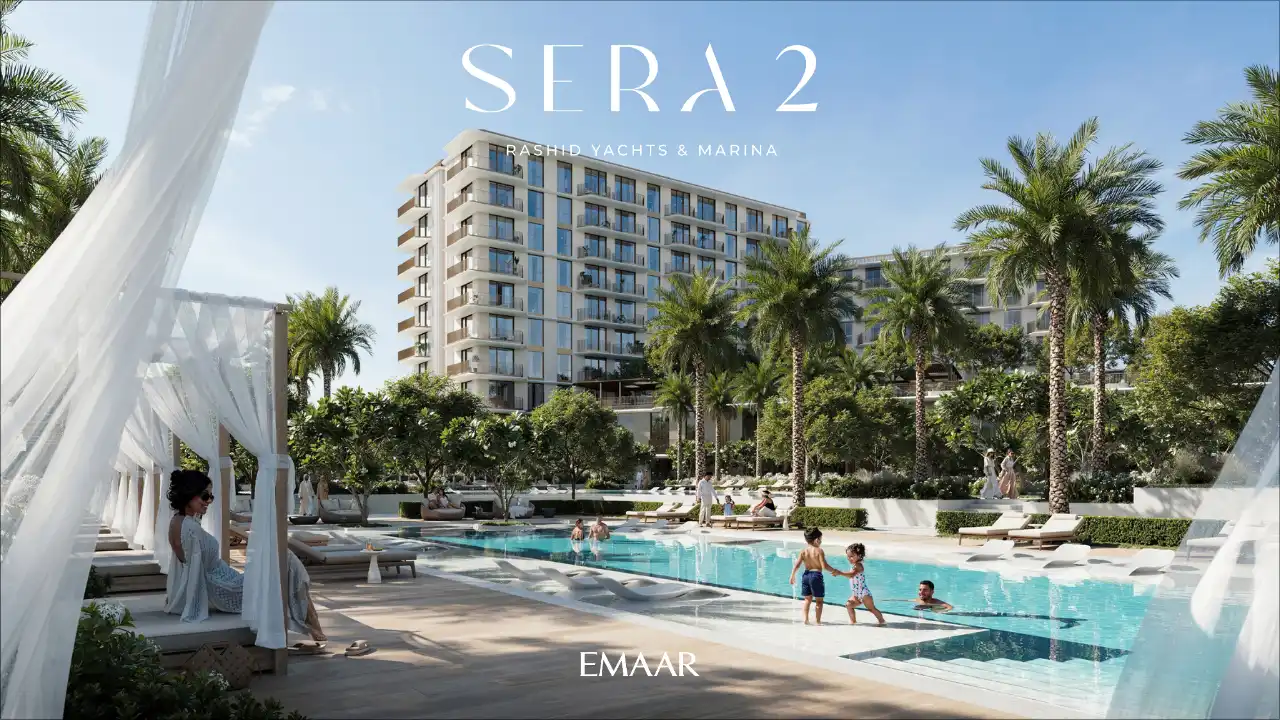 Sera 2 at Rashid Yachts Marina poolside cabanas and landscaped leisure deck waterfront community context Dubai Presented by Tohid Fetrat