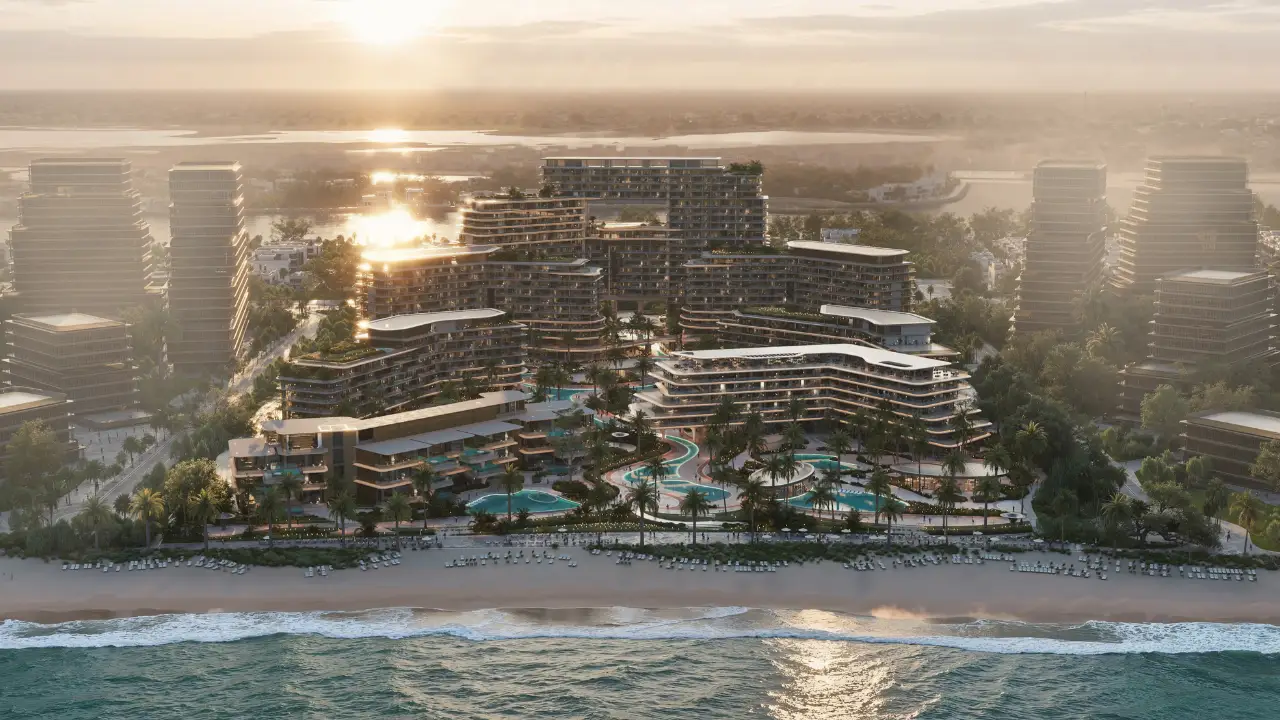 Aerial sunset view of The Meriva Collection by Ellington featuring beachfront architecture, lagoon style pools and landscaped promenades in Dubai Presented by Tohid Fetrat