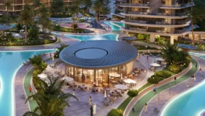 Community leisure pavilion and family friendly outdoor spaces at The Meriva Collection by Ellington with pools and landscaped walkways in Dubai Presented by Tohid Fetrat
