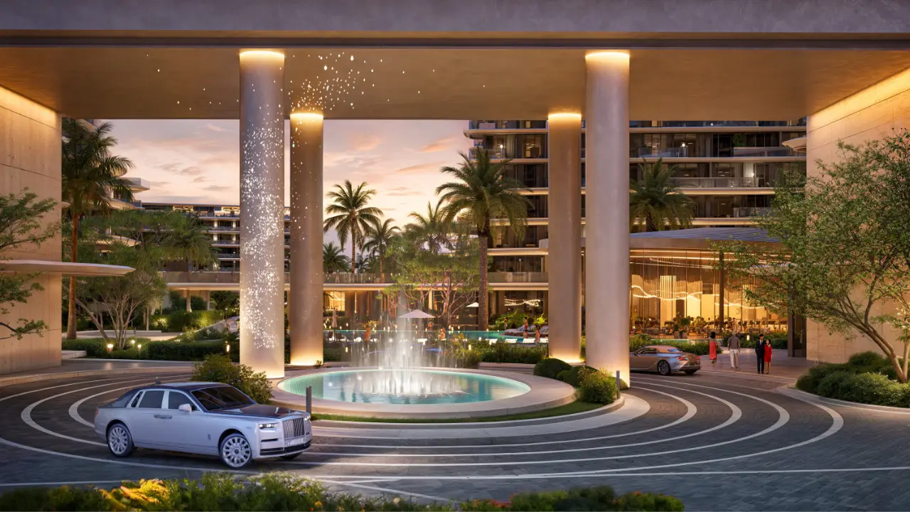 Entrance drop off area of The Meriva Collection by Ellington with water fountain, illuminated columns and landscaped arrival plaza in Dubai Presented by Tohid Fetrat