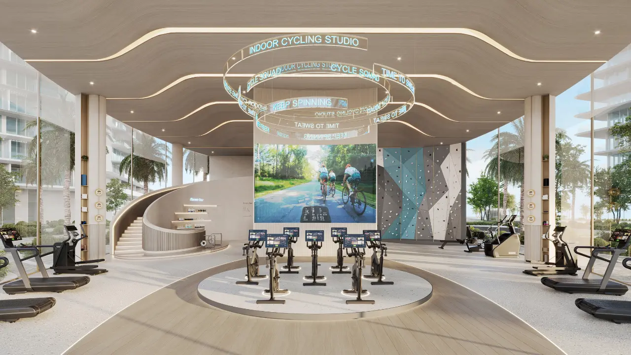 Fitness pavilion and indoor cycling studio at The Meriva Collection by Ellington with modern equipment and wellness design in Dubai Presented by Tohid Fetrat