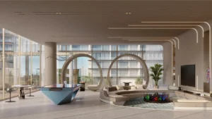 Indoor leisure lounge at The Meriva Collection by Ellington with modern seating, entertainment area and contemporary design in Dubai Presented by Tohid Fetrat