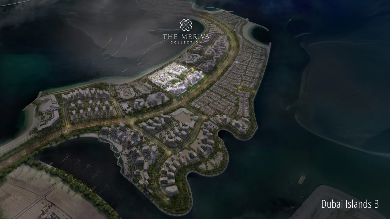 Masterplan aerial view showing The Meriva Collection by Ellington location within Island B of Dubai Islands with surrounding waterfront community and coastline Presented by Tohid Fetrat