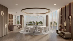 Jazz dining lounge at The Meriva Collection by Ellington with designer furniture, artistic lighting and open sea view in Dubai Presented by Tohid Fetrat