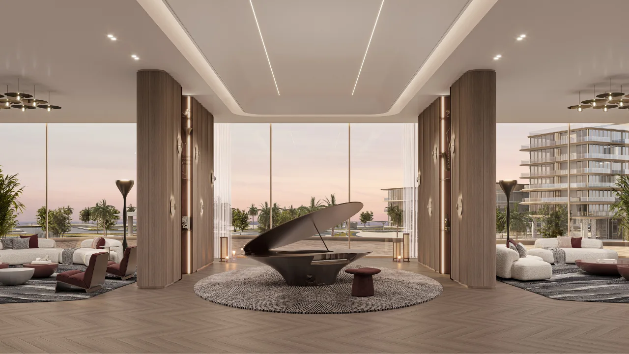 Elegant jazz lounge interior at The Meriva Collection by Ellington featuring grand piano, modern seating and panoramic views in Dubai Presented by Tohid Fetrat