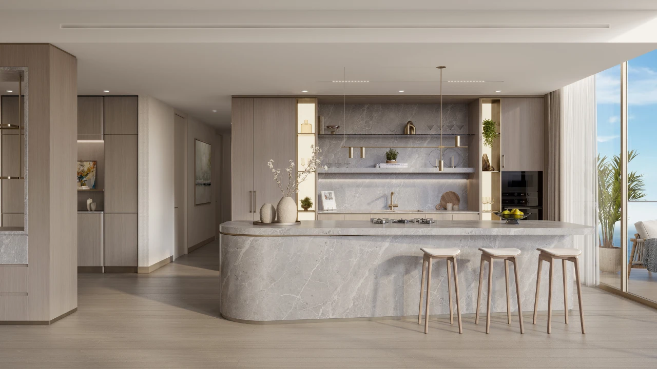 Modern kitchen interior at The Meriva Collection by Ellington with marble island, premium finishes and open plan layout in Dubai Presented by Tohid Fetrat