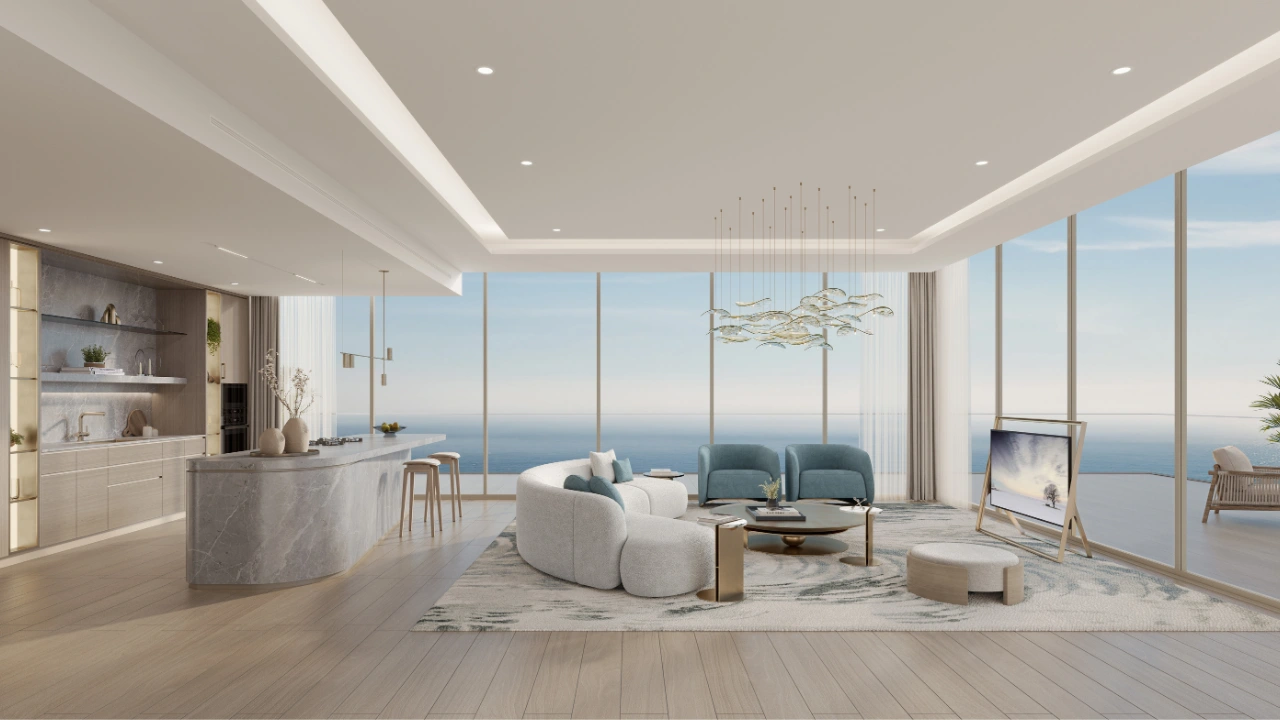 Living room at The Meriva Collection by Ellington with panoramic sea view, open plan design and premium interiors in Dubai Presented by Tohid Fetrat