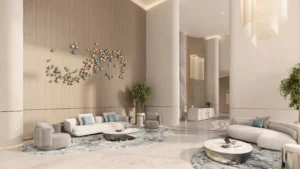 Lobby lounge at The Meriva Collection by Ellington with contemporary seating, artistic wall feature and luxury interior design in Dubai Presented by Tohid Fetrat