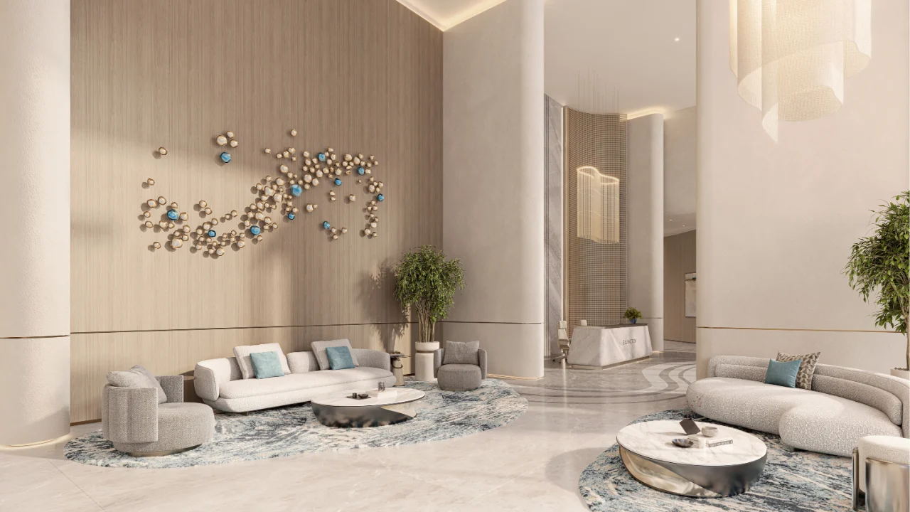 Lobby lounge at The Meriva Collection by Ellington with contemporary seating, artistic wall feature and luxury interior design in Dubai Presented by Tohid Fetrat