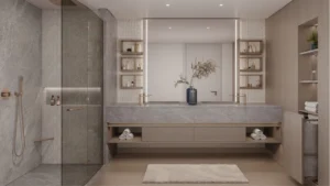 Master bathroom at The Meriva Collection by Ellington with marble finishes, walk in shower and contemporary vanity design in Dubai Presented by Tohid Fetrat