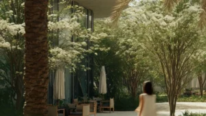 Meriva Gardens outdoor landscape at The Meriva Collection by Ellington with shaded seating and lush greenery in Dubai Presented by Tohid Fetrat