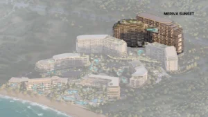 Aerial location view highlighting Meriva Sunset cluster within The Meriva Collection by Ellington surrounded by landscaped beachfront community in Dubai Presented by Tohid Fetrat