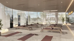 Pilates and yoga studio at The Meriva Collection by Ellington with modern wellness equipment and garden views in Dubai Presented by Tohid Fetrat