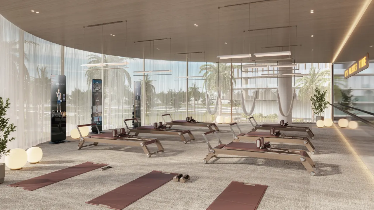 Pilates and yoga studio at The Meriva Collection by Ellington with modern wellness equipment and garden views in Dubai Presented by Tohid Fetrat
