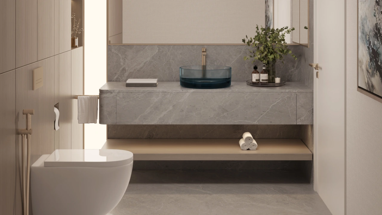 Powder room at The Meriva Collection by Ellington with marble vanity, modern basin and minimalist design in Dubai Presented by Tohid Fetrat