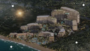 Sun orientation and views analysis of The Meriva Collection by Ellington illustrating sunrise and sunset directions across the beachfront development in Dubai Presented by Tohid Fetrat