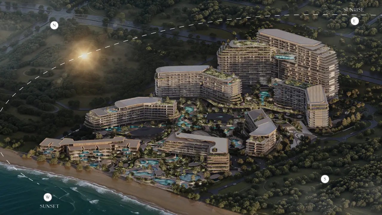 Sun orientation and views analysis of The Meriva Collection by Ellington illustrating sunrise and sunset directions across the beachfront development in Dubai Presented by Tohid Fetrat