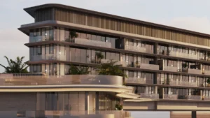 Viewing deck and facade architecture at The Meriva Collection by Ellington with glass balconies and coastal design in Dubai Presented by Tohid Fetrat