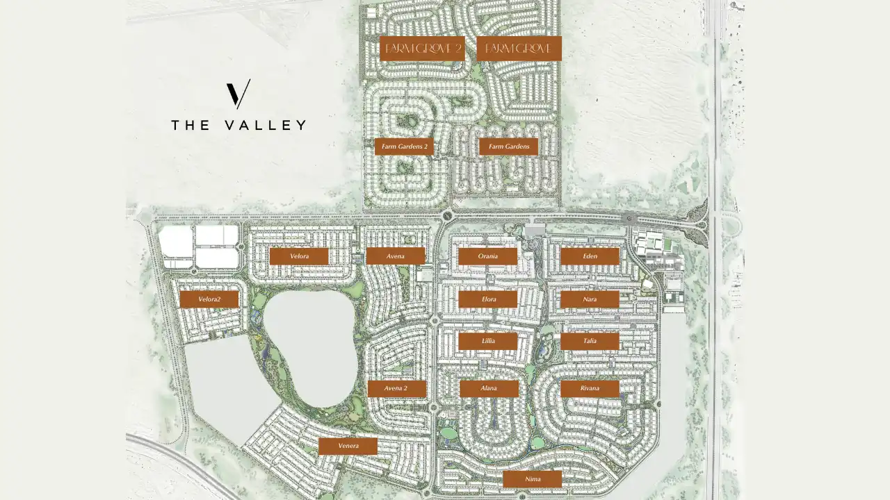 Illustrated master plan of The Valley by Emaar showing the overall community layout residential clusters green corridors and internal road network in Dubai Presented by Tohid Fetrat