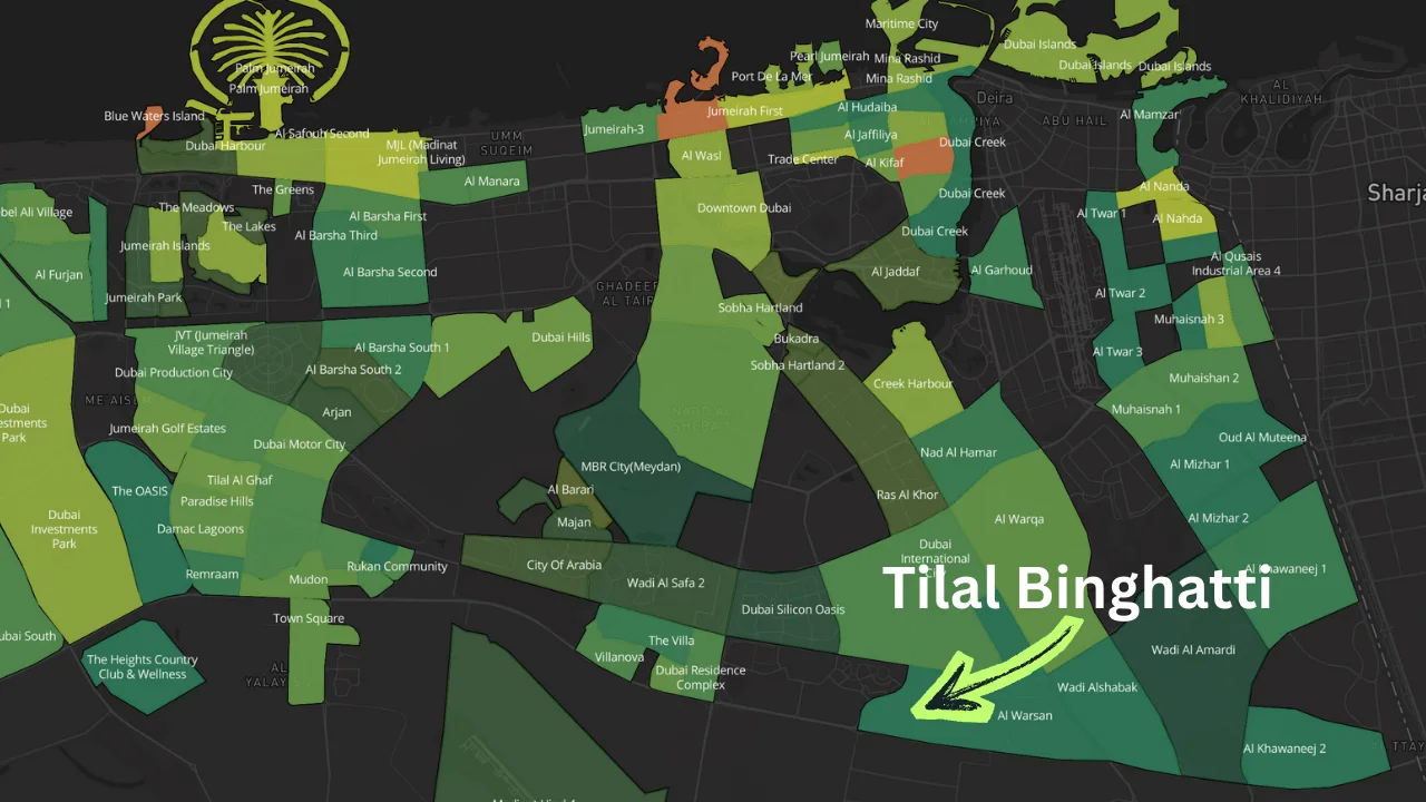 Map showing Tilal Binghatti location within Al Rowaiyah area in Dubai with highlighted zone and arrow Presented by Tohid Fetrat
