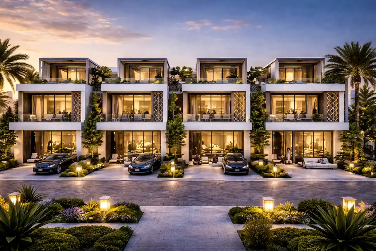 Front view of contemporary townhouse row with private parking and landscaped surroundings at Tilal Binghatti villas and townhouses community in Dubai Presented by Tohid Fetrat